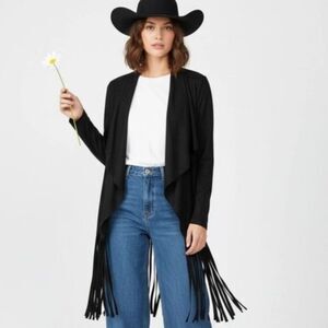 Love J Black Open Front Fringe Trim Boho Festival Sweater Top S